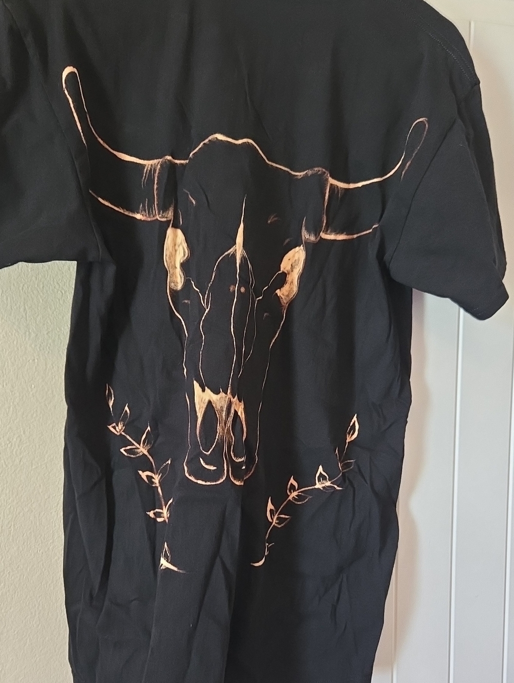Custom Made Black T‑Shirt Made with Bleach Bull Skull Graphic